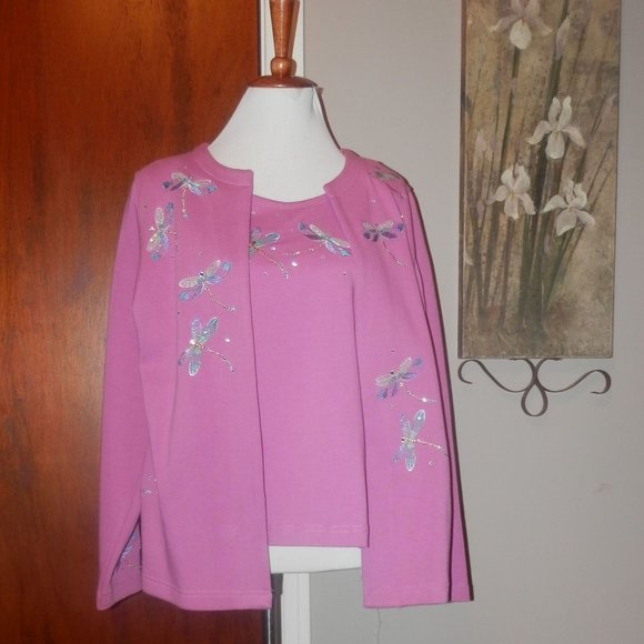 Quacker Factory Twinset Lavender Purple Embroidery Jacket Tank Medium
